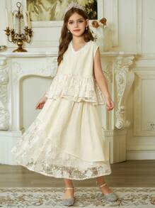 Hapijoa 女童加大蕾丝拼布不对称下摆上衣和裙子套装，夏季 - 杏色 - 查看 3