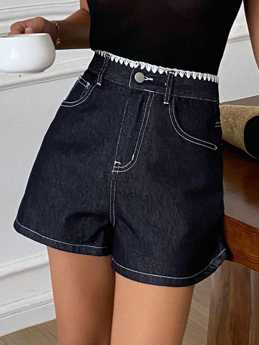 DAZY Quần short denim ống đứng kiểu phương Tây phối màu tương phản có túi dành cho nữ, quần short mùa hè. - Màu xanh lam - Xem 1