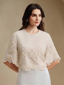 Anewsta 全新复古重工刺绣透视圆领短袖短款上衣，夏季 - 杏色 - 查看 6