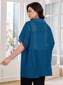 Lacomfia Embroidered Hollow Out Fashionable Loose Comfortable Turndown Collar Batwing Sleeve Versatile Blue Plus Size Shirt - Blue - View 2