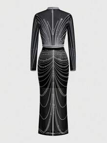 Lavishia 2pcs/Set Women Sexy Beaded Print Mesh Knit Bodycon Set - Multicolor - View 12