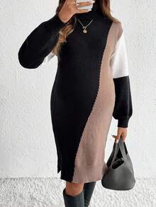 SHEIN 秋季服装，秋季服装，孕妇装 秋冬孕妇装休闲拼色拼布高领针织连衣裙，秋冬孕妇装毛衣裙长袖孕妇装孕妇装秋冬孕妇装高领孕妇装 - 彩色 - 查看 3