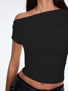 TRNVIE Tricou decupat pentru femei cu umeri oblici - Negru - Vizualizare 4