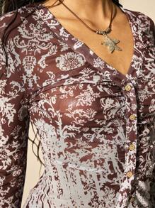 Easelle Women's Summer Boho Vintage Ditsy Floral Totem Gradient Print Mesh Casual Top, Fall Club Country Concert 2000s Style 2000 - Burgundy - View 4