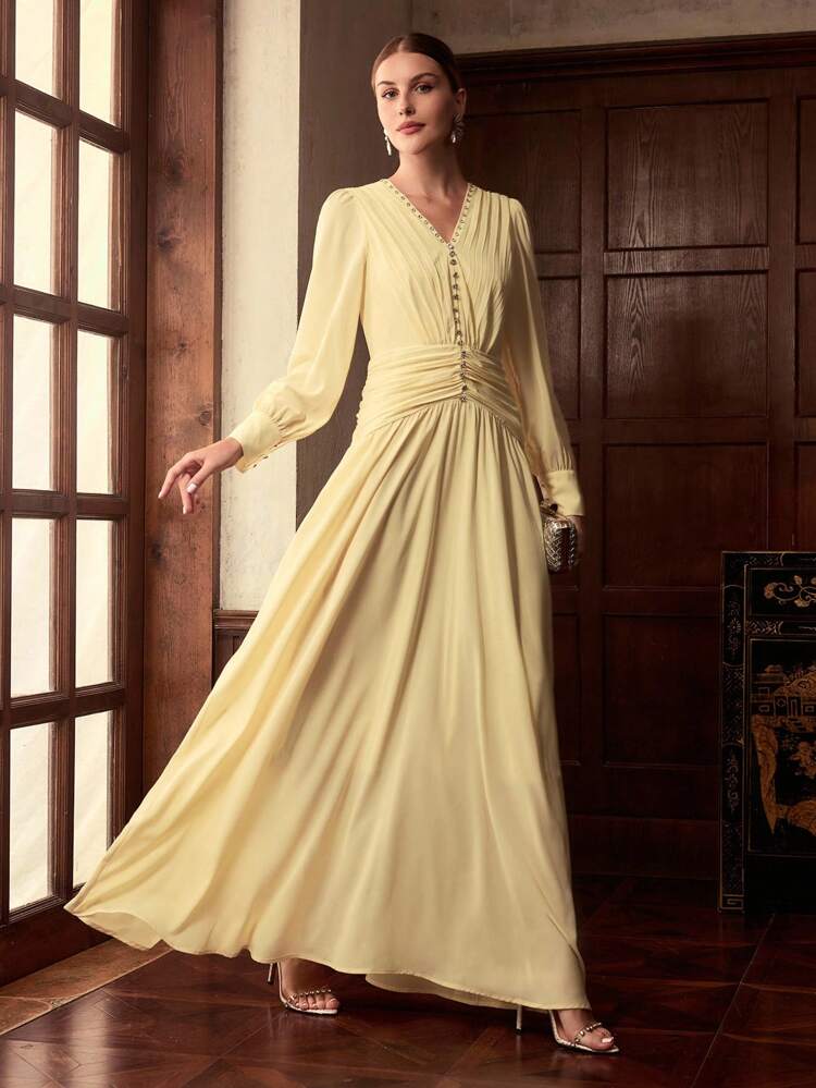 ZEYLAH Vestido de Manga Longa com Decote em V, Cintura Plissada, Elegante para Início do Outono