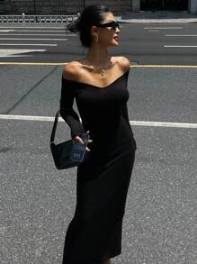 DAZY Women V-Neck Long Sleeve Waist-Cinched Mid-Length Dress,Fall Dress Off Shoulder Top - Black - View 1