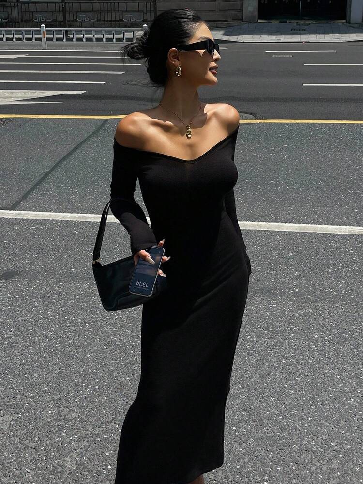 Women V-Neck Long Sleeve Waist-Cinched Mid-Length Dress,Fall Dress Off Shoulder Top Maxi Dress