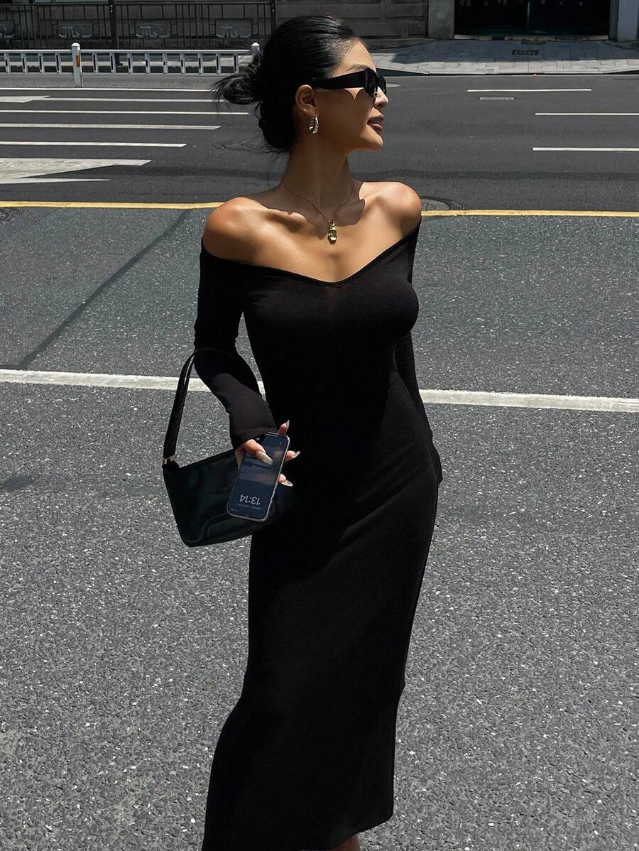 DAZY Women V-Neck Long Sleeve Waist-Cinched Mid-Length Dress,Fall Dress Off Shoulder Top - Black - View 1