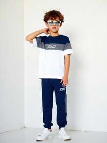 SHEIN Bộ 2 áo thun tay ngắn cổ tròn in chữ màu đơn giản cho bé trai tuổi teen, thích hợp mặc đi làm, đi học, mặc thường ngày, thể thao, quần áo xuân/hè trở lại trường - Màu xanh lam - Xem 7