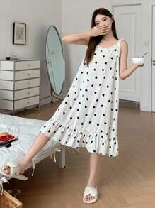 DAZY 满身心形印花女士细肩带荷叶边睡裙睡衣 - 白色 - 查看 5