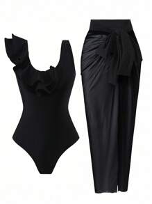 Swim Oasis Conjunto de traje de baño de 2 piezas con parte superior y falda volada de capa doble de malla, en unicolor, de alta para primavera y verano