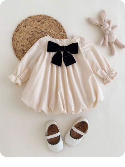 SHEIN فستان بناتي للرضيع كيوت صيفي أنيق أكمام طويلة فضفاضة بقوس أبريكوت