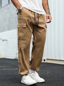 Manfinity Homme Quần Cargo cạp chun màu trơn đơn giản có túi nắp cho nam - Màu Khaki - Xem 4