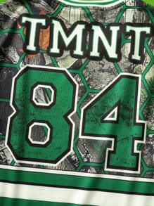 TEENAGE MUTANT NINJA TURTLES | SHEIN Tween Boy Cartoon Turtle Shell Numeral Print Grey-Green V-Neck Sweatshirt & Black Jogger Pants Sports Set - Army Green - View 5