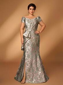 Serin Robe élégante et luxueuse grande taille en jacquard avec épaules dénudées, nœud papillon, fente et queue de poisson, convenant pour les mariages, événements, fêtes, lunes de miel, galas, mères de la mariée, l'été