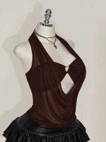 SHEIN ICON 加大码女式纯色 Y2K 节日性感外出网眼露背镂空心形水钻装饰背心