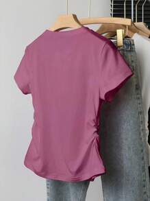 INAWLY 女式大码休闲时尚腰部收紧短袖T恤夏季 - 中紫紅色 - 查看 2