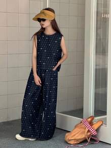 DAZY 少女波点蝴蝶结印花圆领无袖上衣和阔腿牛仔裤宽松套装