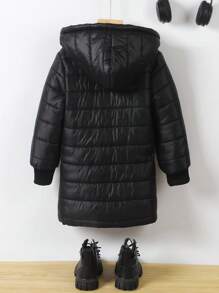 SHEIN Elladie kids Abrigo acolchado con capucha y cremallera forrado de felpa para niñas, temporada de vuelta al colegio - Multicolor - Ver 2