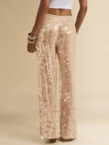 SHEIN BAE 女士低腰串珠阔腿裤，夏季海滩度假 - 杏色 - 查看 2