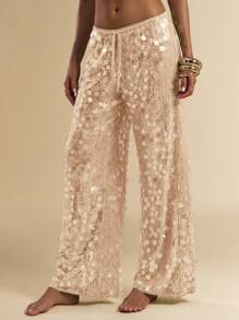 SHEIN BAE 女士低腰串珠阔腿裤，夏季海滩度假 - 杏色 - 查看 4