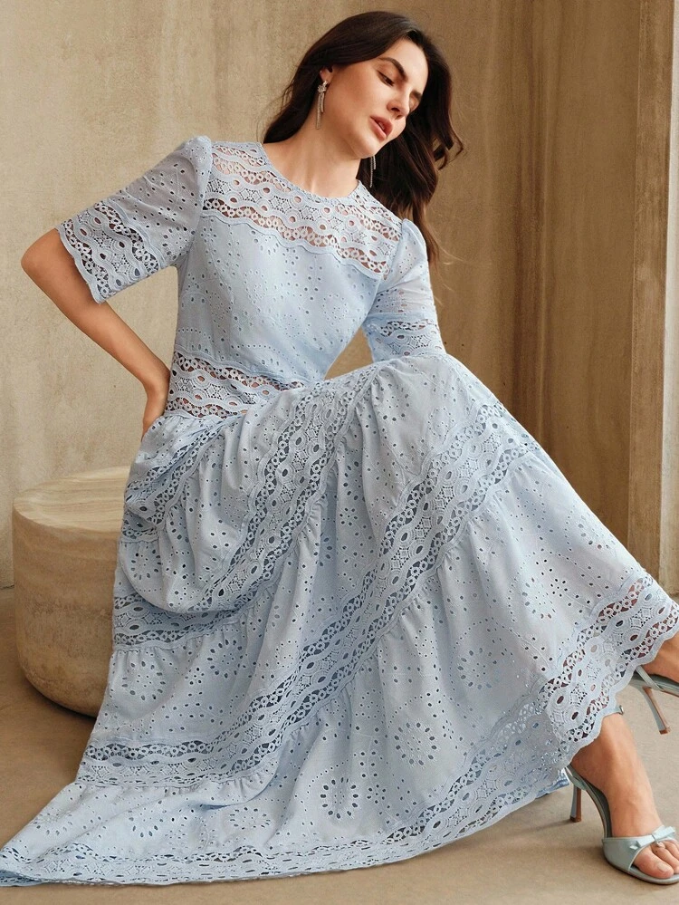 Women's Elegant Lace Patchwork Dress, Blue Long A-Line Bohemian Vacation Dress