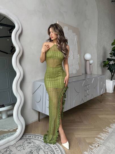 Jemour Sexy Boho Colorful Crochet Wavy Pattern High Split Dress, Halter Backless Tassel Hem Vacation Dress, Suitable For Casual Outing, Date, Birthday, Party, Nightclub, Island Resort, Holiday,Rave Outfits Festival