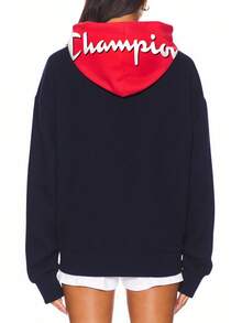 Champion 女士撞色抽绳连帽长袖落肩宽松休闲连帽衫 - 藏蓝色 - 查看 2