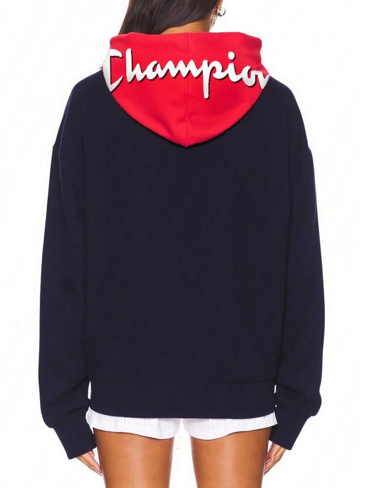 Champion 女士撞色抽绳连帽长袖落肩宽松休闲连帽衫 - 藏蓝色 - 查看 2