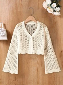 Girls Solid Hollow V-Neck Cardigan, Spring/Summer Fall Winter - Apricot - View 3