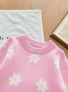 SHEIN LMoss Kids LMoss 女婴可爱百搭紫色花卉图案长袖毛衣，秋冬款 - 粉色 - 查看 3