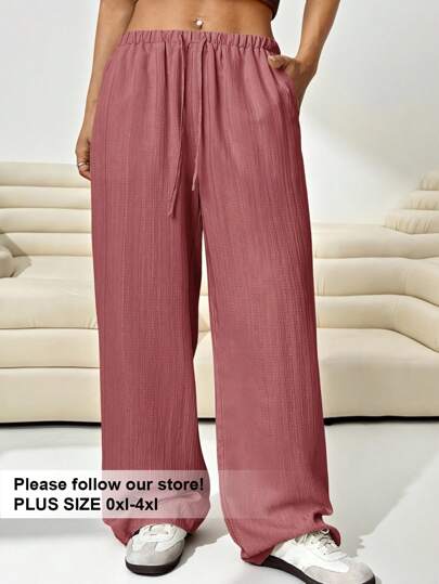 Solflare Women Plus Size Loose Woven Palazzo Long Pants, Lotus Root Pink,Summer Pants