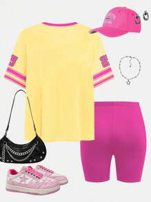 SHEIN Leap Crew 青少年女孩休閒簡約短袖寬鬆T恤與內搭褲2件套，適合夏季女孩夏日穿搭，青少年女孩運動風夏季套裝 - 彩色 - 查看 4