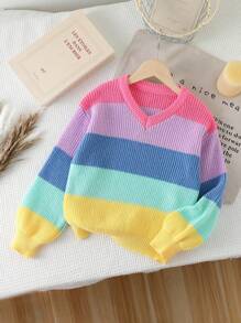 SHEIN 女童条纹长袖针织毛衣，现代简约设计 - 黃色 - 查看 1
