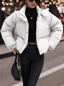 EURMUSE Drawstring Hem Hooded Drop Shoulder Quilted Women's Crop Down Jacket - White - View 1