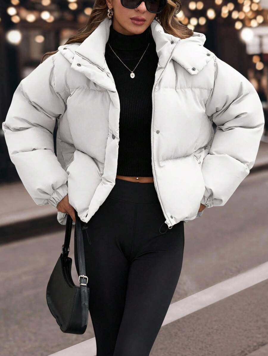 EURMUSE Drawstring Hem Hooded Drop Shoulder Quilted Women's Crop Down Jacket - White - View 1