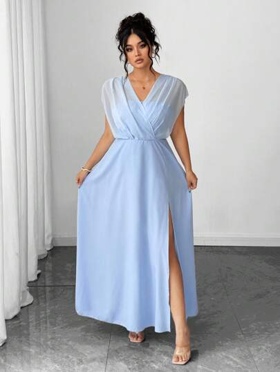 Elenzga 大码女式 V 领褶饰腰部喇叭开衩设计优雅浪漫连衣裙