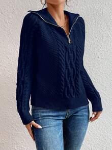 SHEIN LUNE 休闲时尚百搭纯色长袖套头衫女式毛衣 - 寶藍色 - 查看 5