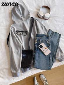 Lässiger, vielseitiger Allround-Sweatshirt für Teenager-Mädchen, grauer Oversized-Pullover-Sweatshirt für Herbst und Winter - Hellgrau - Übersicht 2