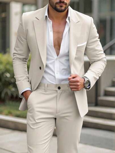 Calvornis Men's Apricot Woven Fabric Business Formal Suit Set With Lapel Blazer. This Classic Two-Piece Ensemble Includes A Long Sleeve Blazer And Matching Regular Length Trousers For A Complete, Professional Look.