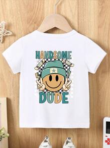 SHEIN Playful Pals 男婴休闲舒适简约格纹字母和脸部图案圆领修身针织 T 恤，夏季可爱 T 恤