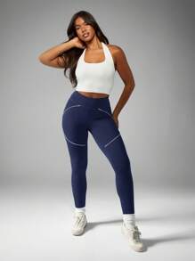 MISSGUIDED High Waist Compression Sports Leggings With Curved Panel Details Ultra Soft Performance Yoga Running Fitness Workout Pants - Navy Blue - View 5