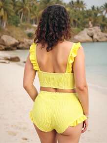 Swim Mod Plus Summer Beach Boho Drawstring Ruffle Trim Bikini Swimsuit ,Back To School,Butter Yellow,Birthday Swimsuit,Seaside - Yellow - View 2