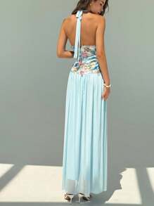 Aloruh 夏季度假婚礼派对露背系带紧身特殊面料长款 A 字型女式连衣裙 - 白色 - 查看 3