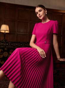 ZEYLAH SOLID PUFF SLEEVE PLEATED HEM MIDI DRESS , FALL WINTER - Hot Pink - View 7