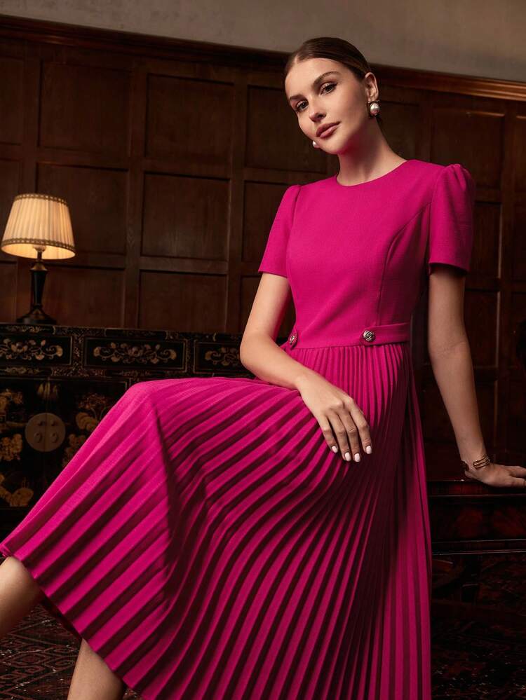 ZEYLAH SOLID PUFF SLEEVE PLEATED HEM MIDI DRESS , FALL WINTER