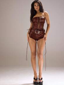 MUSERA Áo corset giả da buộc dây, kiểu quây ngực, viền cong, thích hợp cho lễ hội, hòa nhạc, tiệc tùng, câu lạc bộ, gợi cảm, hậu trường, kỳ nghỉ, mùa thu, hè, xuân. - Màu Đỏ Sâu - Xem 4