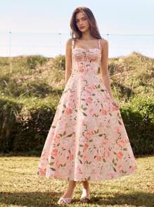SHEIN Unity Vestido camisero largo nuevo con estampado y falda abullonada para mujer, vestido de princesa para primavera/verano - Rosa - Ver 3
