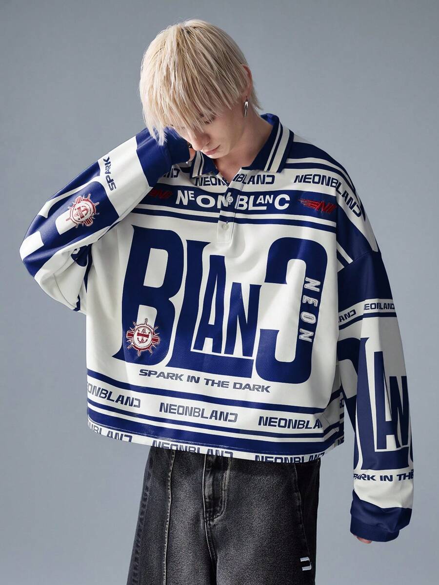 NEON BLANC 男士街头风格针织长袖印花 Polo T 恤，秋季 - 藍白色 - 查看 1