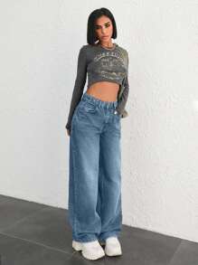 EURMUSE Pantalón vaquero de 100% algodón con cintura alta y diseño de botones, de pierna ancha - Lavado ligero - Ver 3